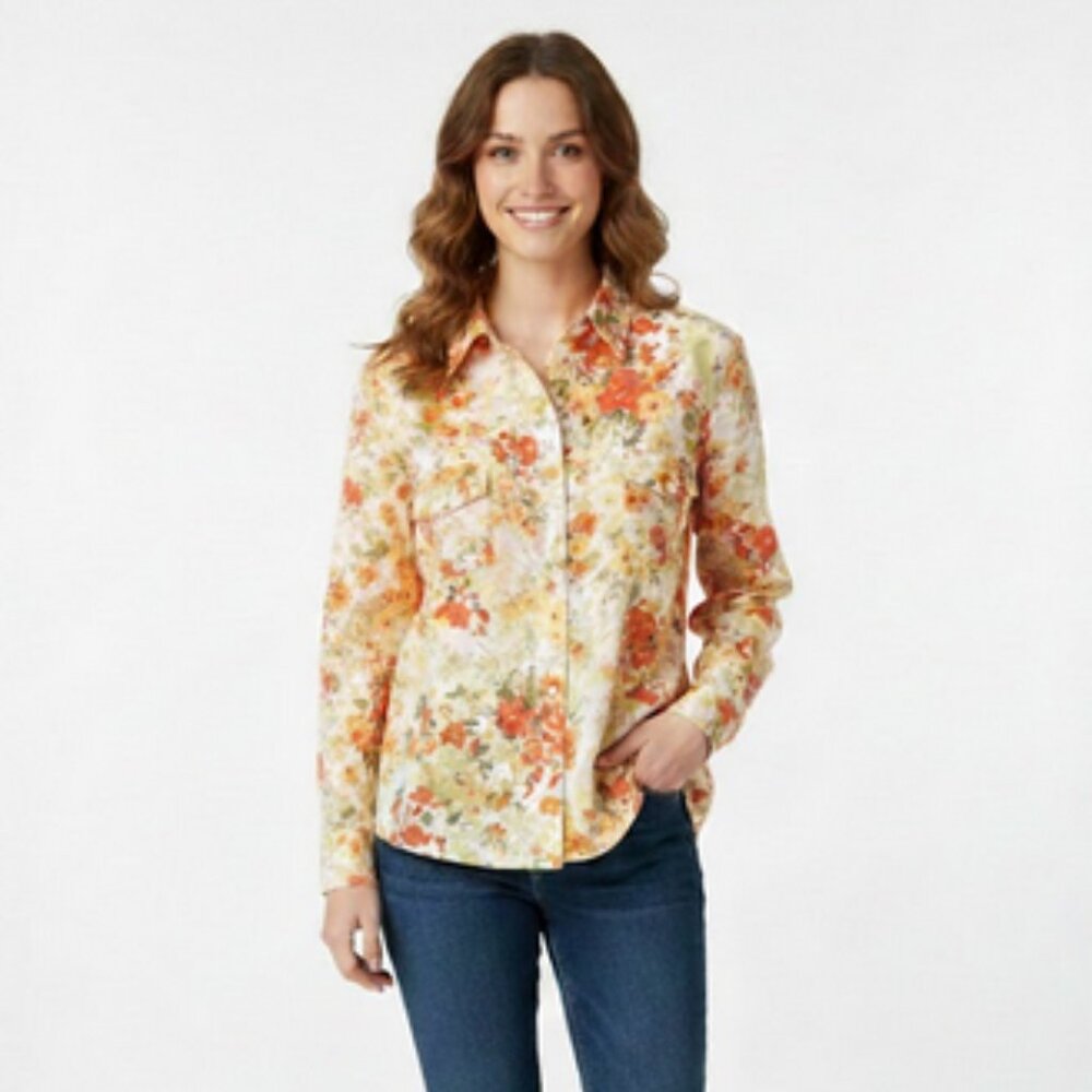Jones New York Button Down Shirt Soft Woven Cotton, 3/4 Sleeves, Floral, sz XL
